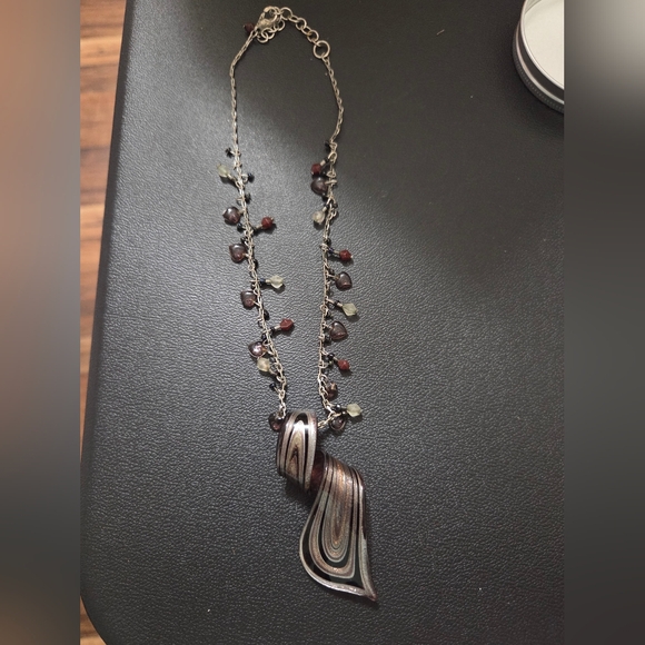 Jewelry - Elegant Black and Bronze/Purple Hues Necklace With Glass Pendant